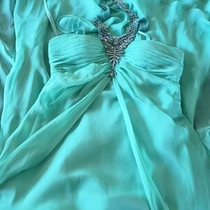 Elegant Turquoise Chiffon Evening Dress with Crystal Detail